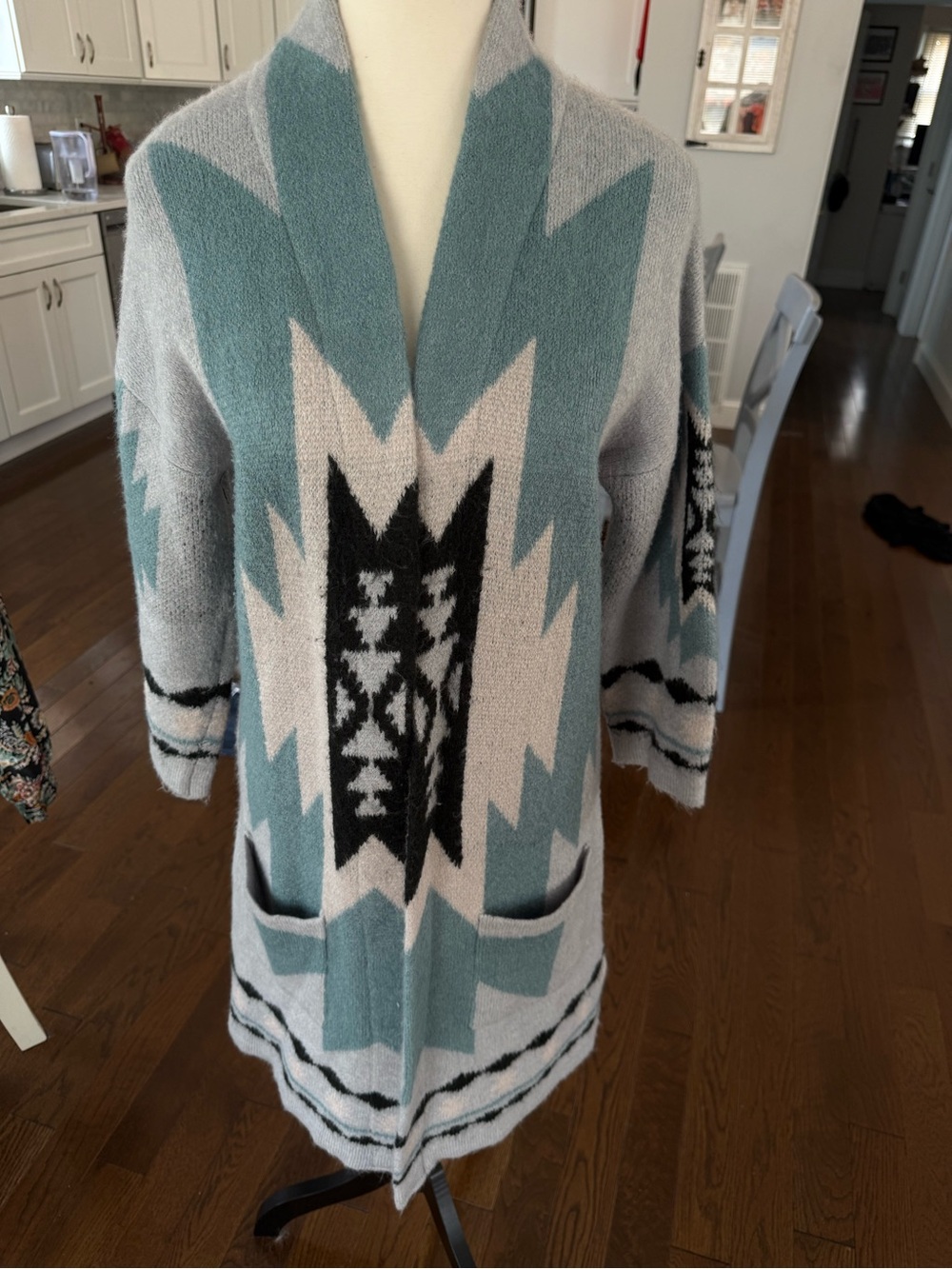 Twig and String SOFTOpen-Front Aztec Knit Cardigan Sweater - Light Teal Black XS